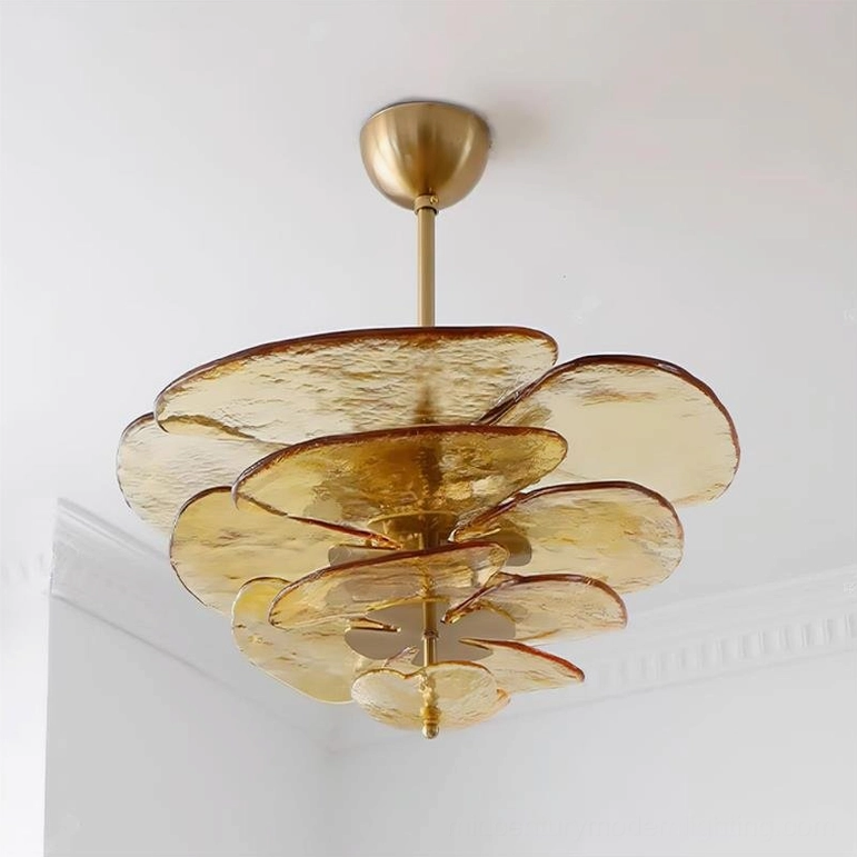Murano-style lotus leaf chandelier detail shot showing hand-blown glass petal texture and craftsmanship