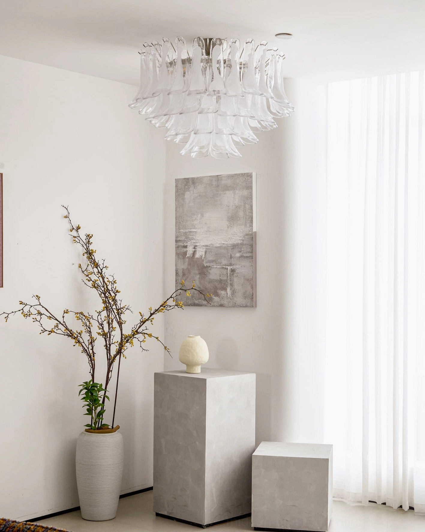 Installed Murano Petal ceiling light in elegant minimalist room with wide downward angle view, layered glass design