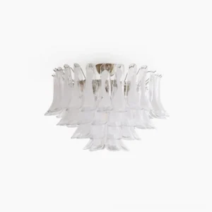 Murano Petal hand-blown glass ceiling chandelier with layered transparent glass petals and brushed nickel hardware, front studio view