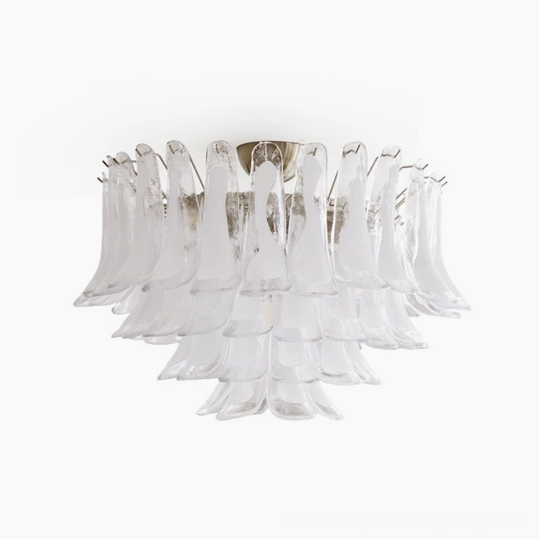 Murano Petal glass ceiling chandelier three-quarter front view, sleek modern luxury design with White Jade glass