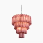 Murano-inspired tiered pink glass chandelier frontal view with fluted texture detail mid-century modern lighting