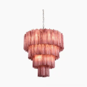 Murano-inspired tiered pink glass chandelier frontal view with fluted texture detail mid-century modern lighting