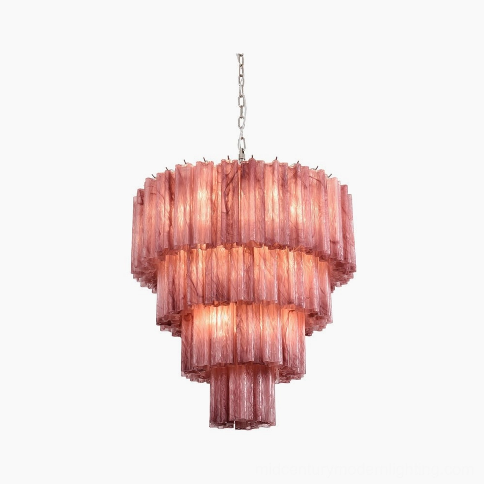 Murano-inspired tiered pink glass chandelier frontal view with fluted texture detail mid-century modern lighting
