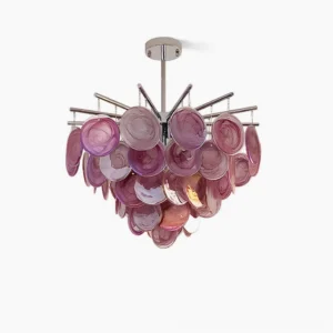 Murano glass sputnik chandelier with cascading pink and purple marble-swirl discs on white background, front overhead view