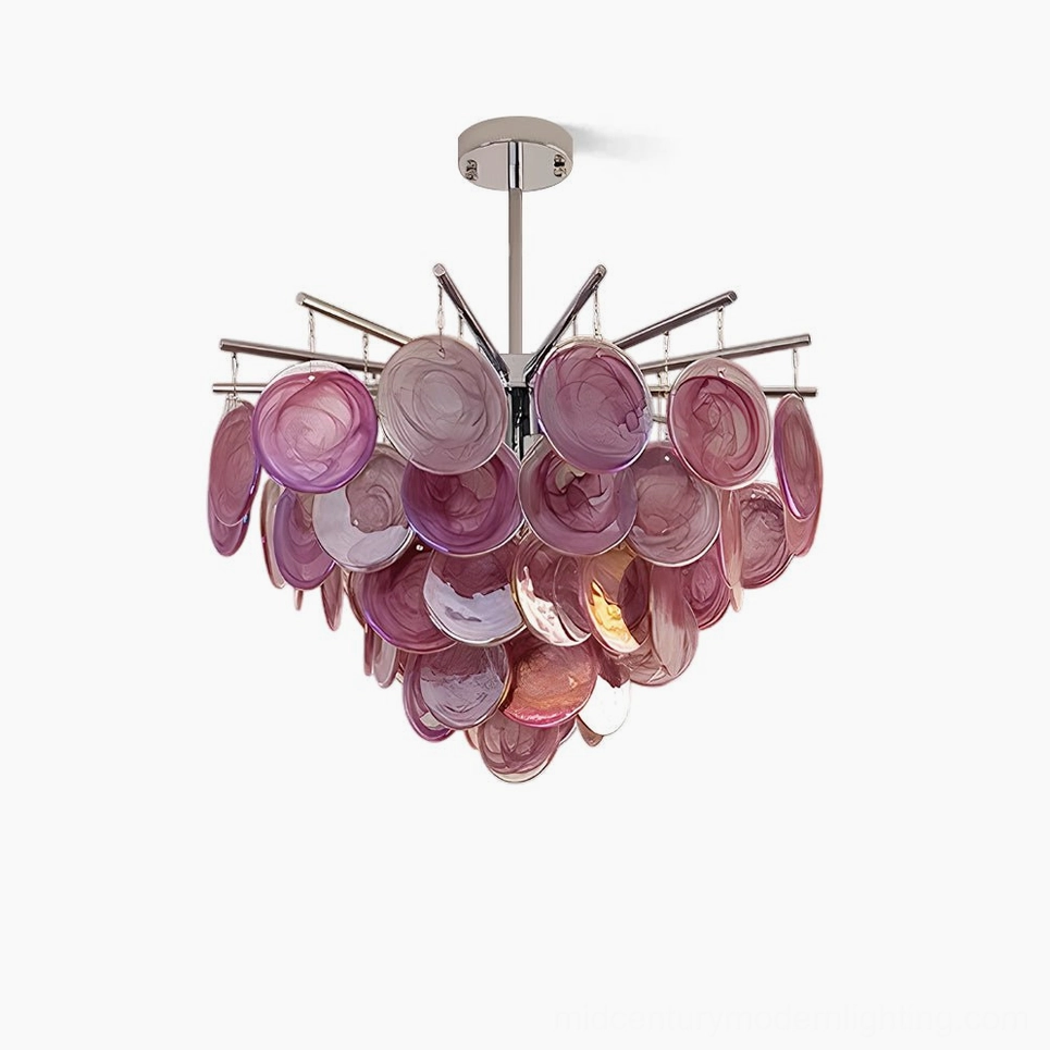 Murano glass sputnik chandelier with cascading pink and purple marble-swirl discs on white background, front overhead view