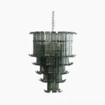 Murano glass tiered chandelier with cascading smoked glass layers, frontal studio view showing geometric modern design and polished metal frame