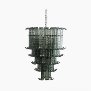 Murano glass tiered chandelier with cascading smoked glass layers, frontal studio view showing geometric modern design and polished metal frame
