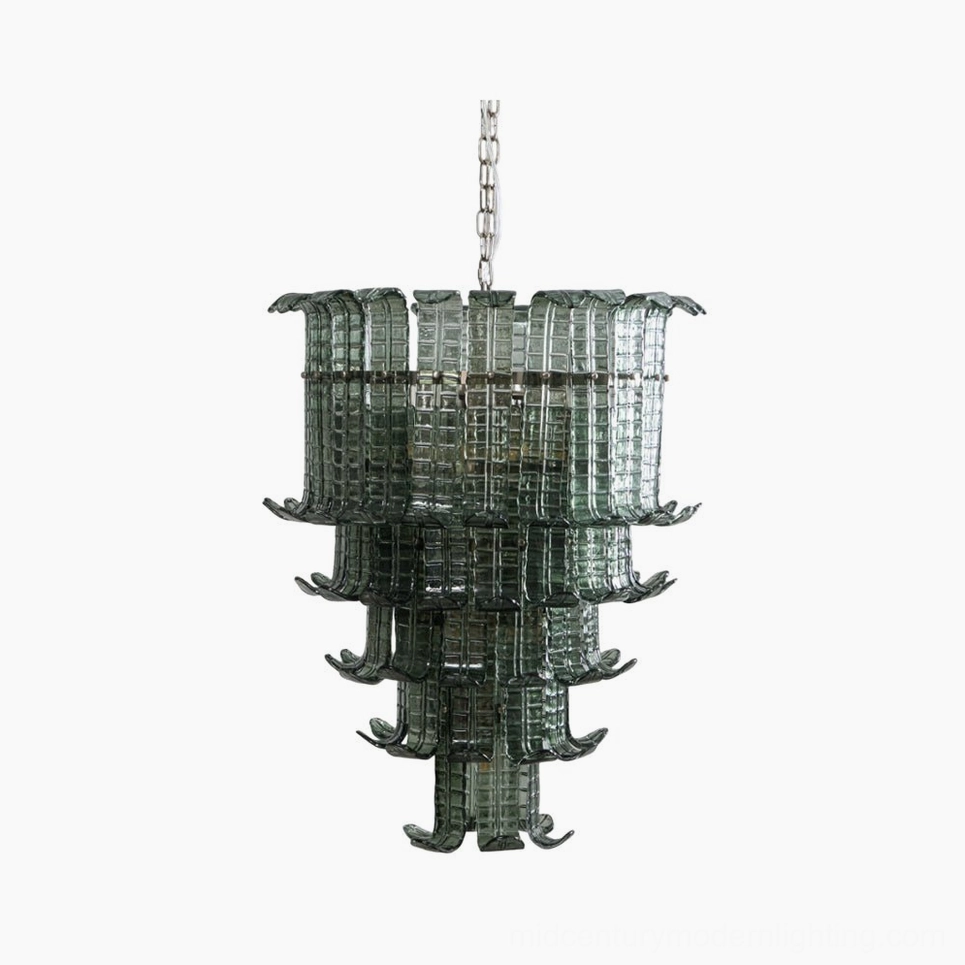 Murano glass tiered chandelier with cascading smoked glass layers, frontal studio view showing geometric modern design and polished metal frame