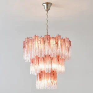 Front eye-level perspective of handcrafted pink Murano glass tube chandelier with warm gradient illumination