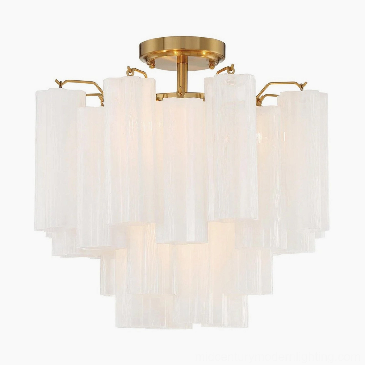 Illuminated Murano tubular chandelier with milky frosted glass glowing, brass hardware, ambient lighting showcase