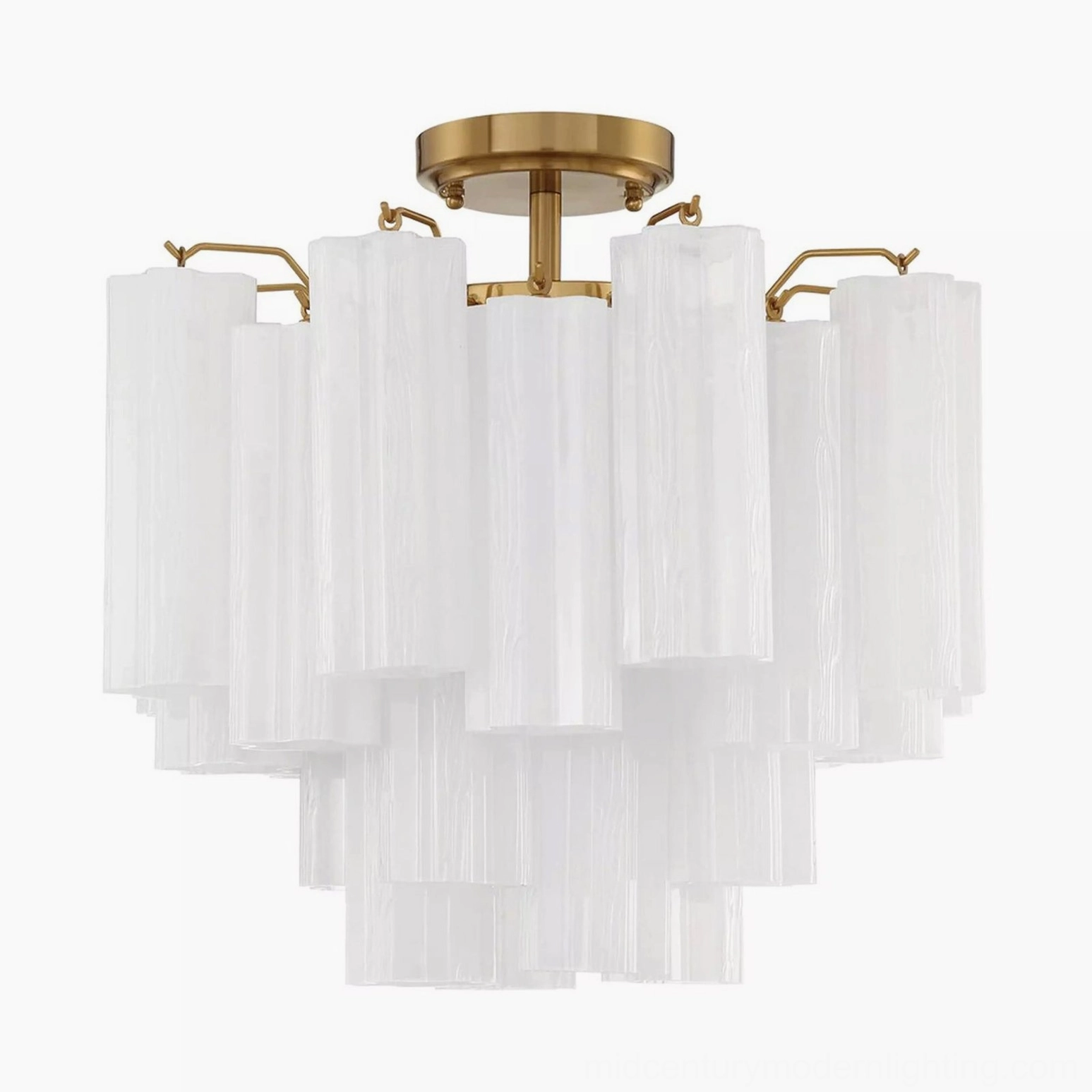 Murano hand-blown tubular ceiling chandelier detail view showcasing glass craftsmanship and brass hardware quality