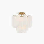 Murano tubular ceiling chandelier with milky frosted ribbed glass and brass hardware, studio overhead view