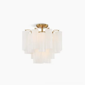 Murano tubular ceiling chandelier with milky frosted ribbed glass and brass hardware, studio overhead view