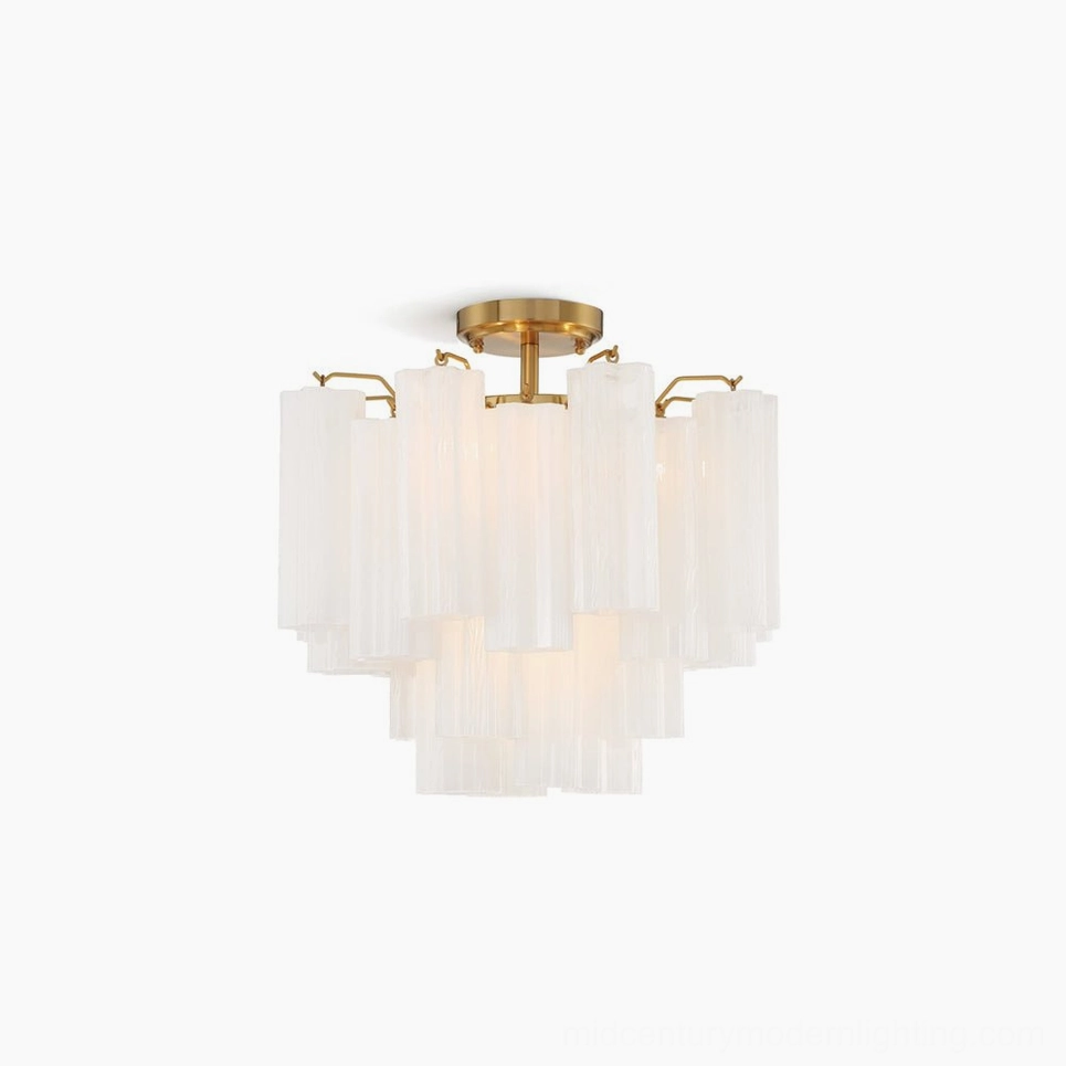Murano tubular ceiling chandelier with milky frosted ribbed glass and brass hardware, studio overhead view