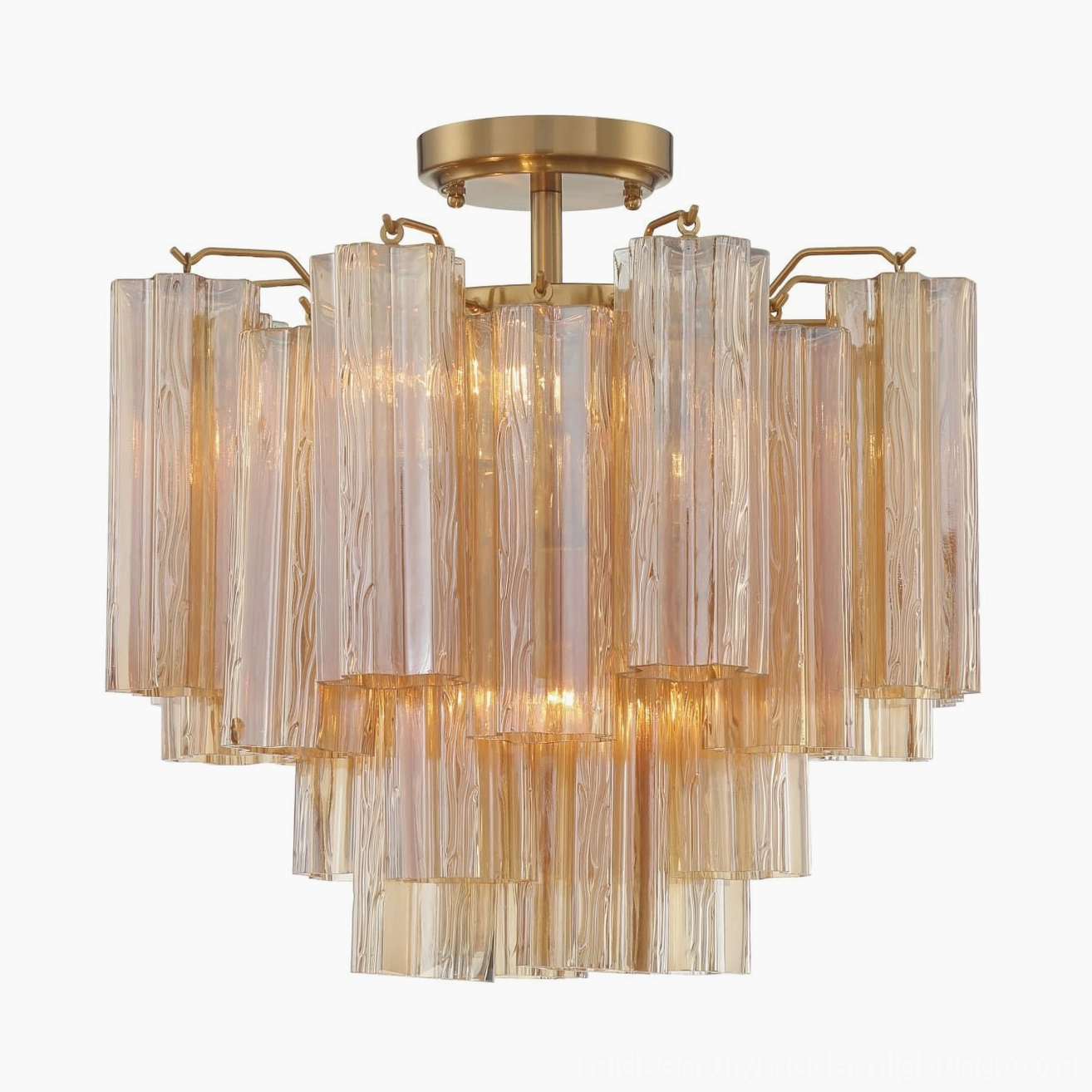Lit Murano tubular ceiling chandelier emitting warm amber light through ribbed glass, hand-blown design