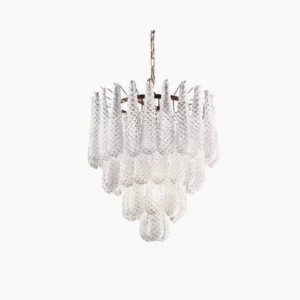 Murano waffle glass chandelier front view with tiered textured glass panels and bronze metal frame