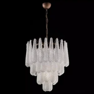 Tiered Murano glass chandelier with layered waffle texture on black background showcasing bronze hardware