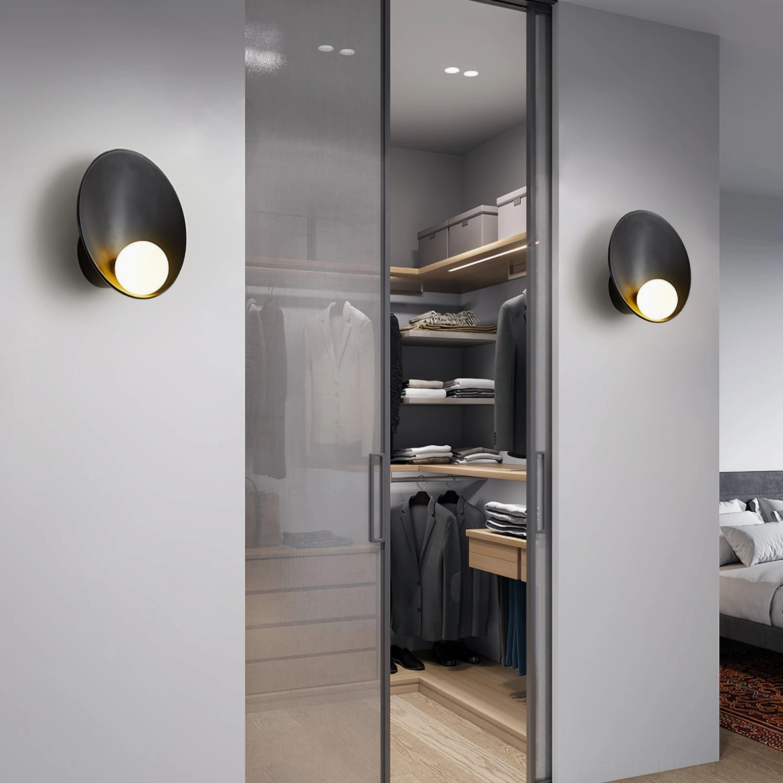 Musa black wall sconces in residential walk-in closet showing discrete built-in accent lighting