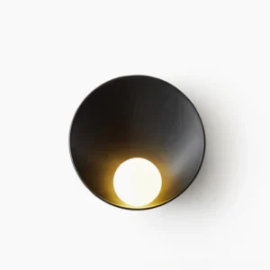 Musa minimalist black wall sconce with frosted glass diffuser, front view on white studio background