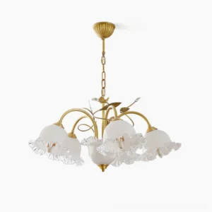 Muse Flower Chandelier 5-light brass and frosted white glass overhead view mid-century modern