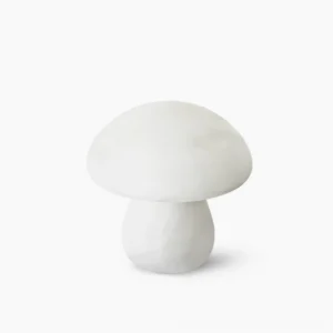 Mushroom alabaster table lamp with organic rounded silhouette, matte white finish, front view on clean background