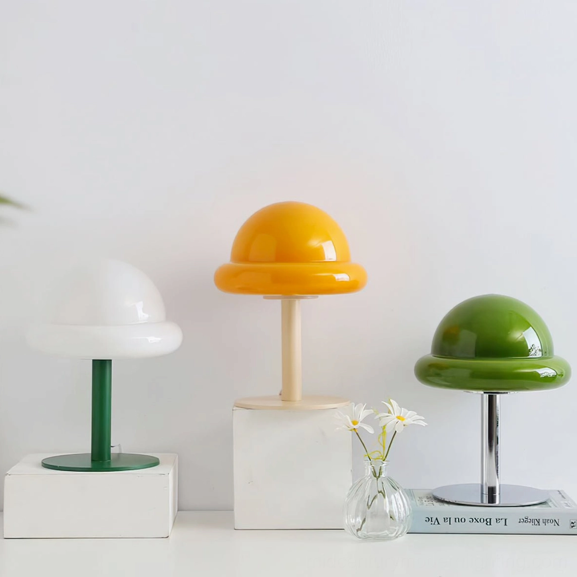 Orange mushroom lamp with warm glow interior lighting effect and soft ambient illumination