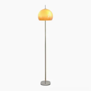 Vintage mushroom floor lamp with silver metal base and brown glass dome shade, studio front view