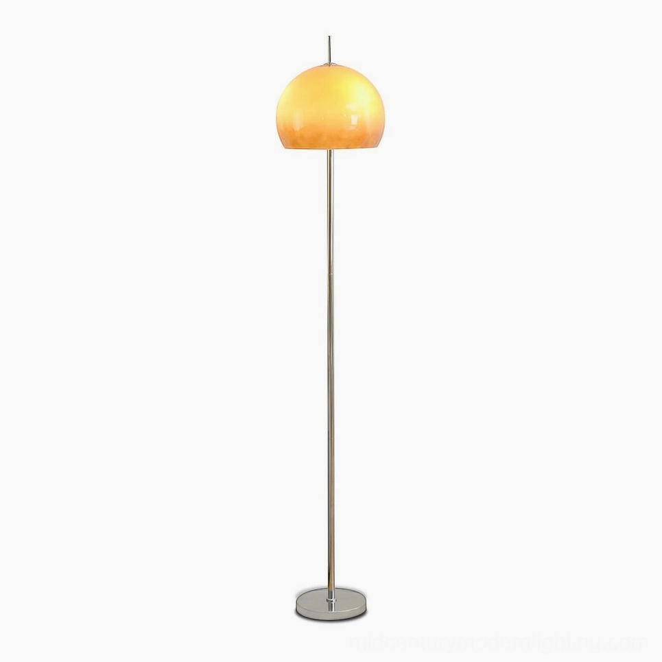 Vintage mushroom floor lamp with silver metal base and brown glass dome shade, studio front view