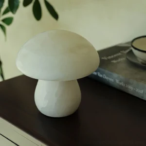 Sculptural mushroom alabaster lamp displayed on wooden side table with natural stone veining visible, minimalist styling with books and decor