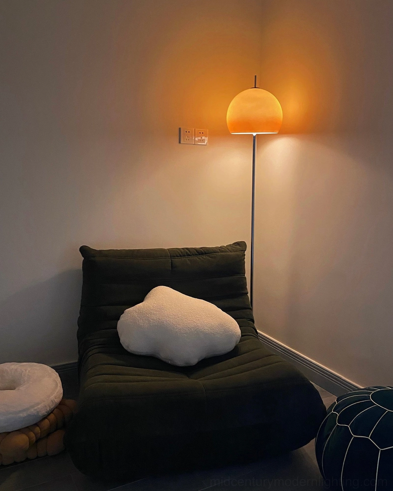 Mushroom floor lamp creating ambient mood lighting in living room environment