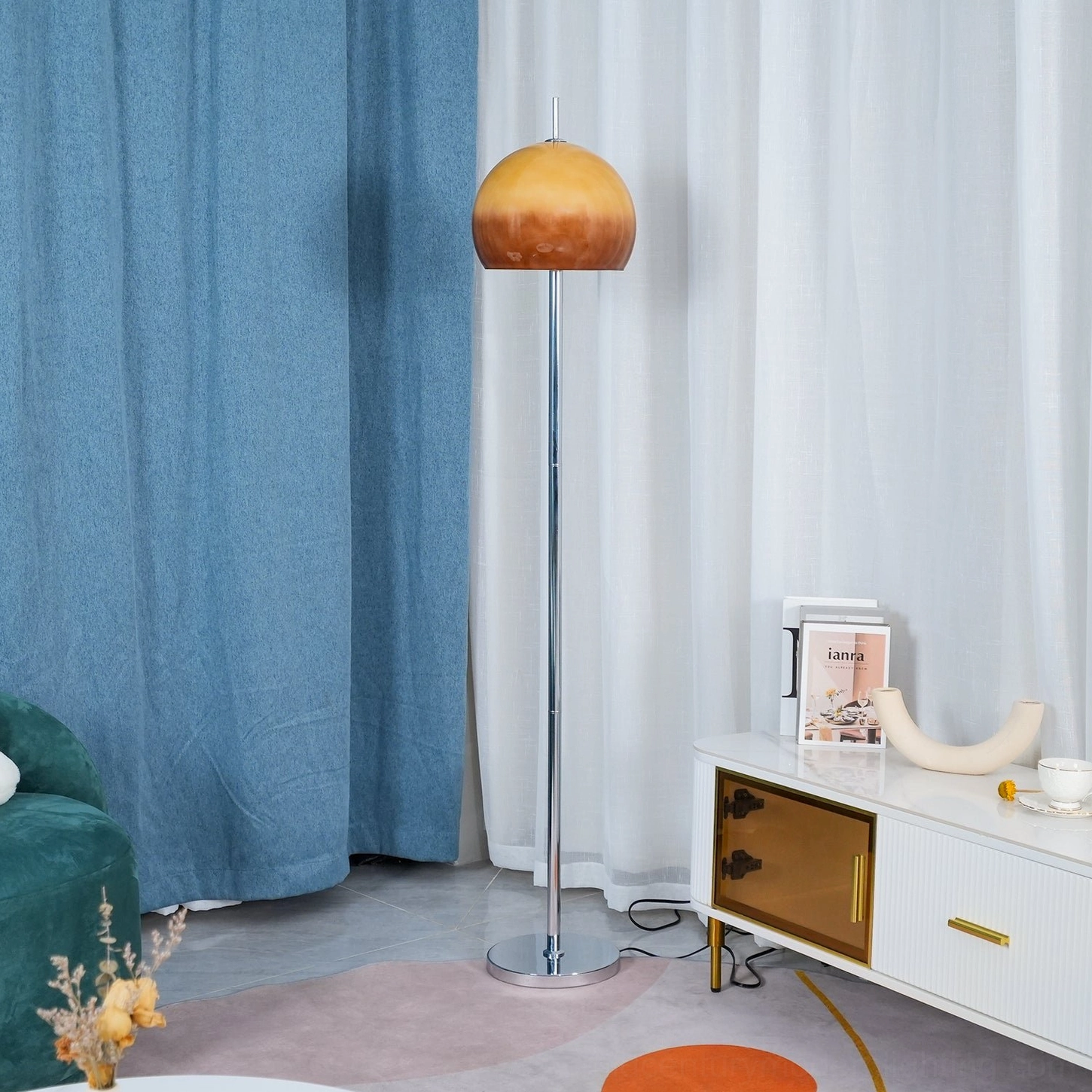 Mushroom floor lamp in apartment living area with neutral color palette and modern decor