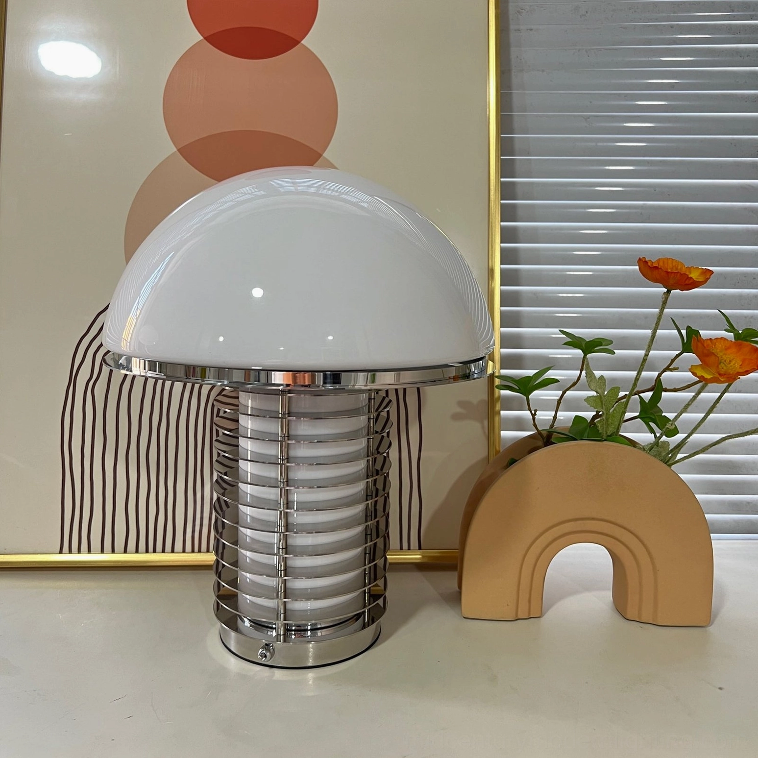 Mushroom style table lamp providing focused ambient light for bedside or reading nook placement