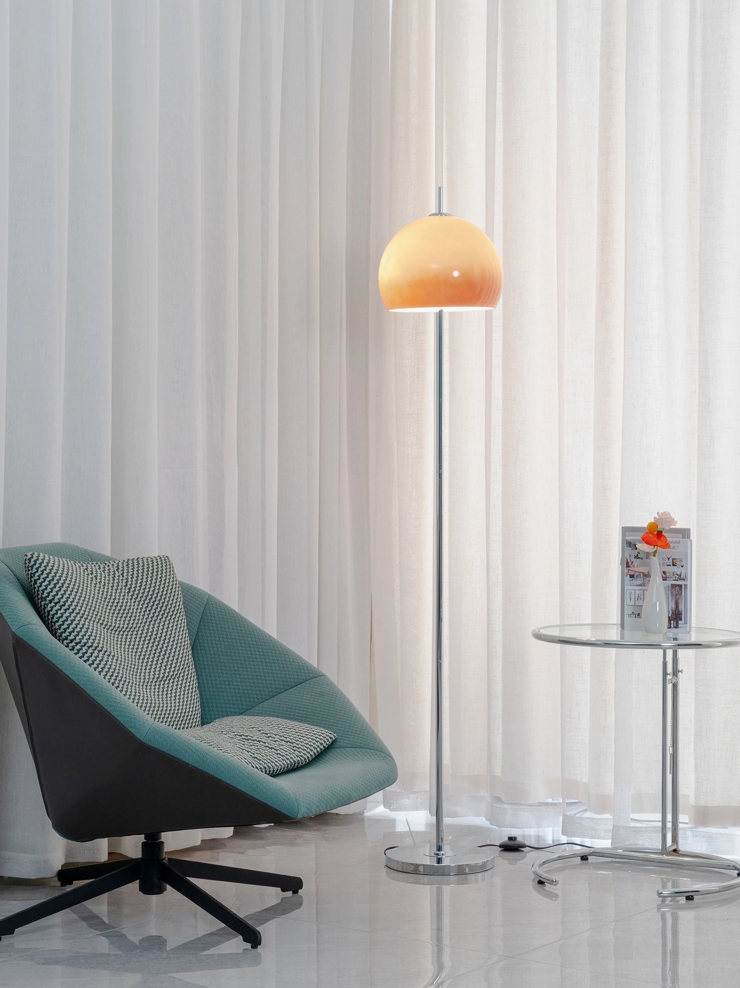 Mushroom dome floor lamp detail shot showing glass shade craftsmanship and metal stand