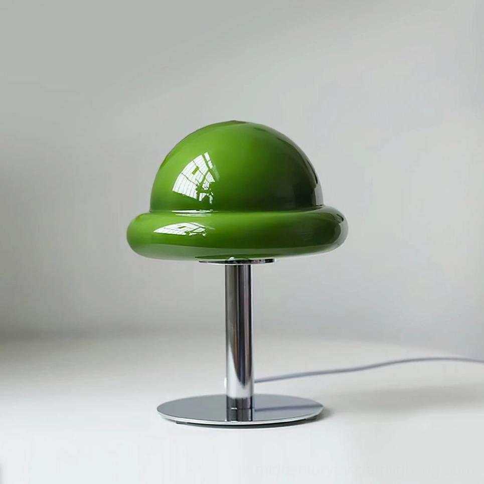 Green and chrome mushroom table lamp natural wood furniture pairing vintage aesthetic