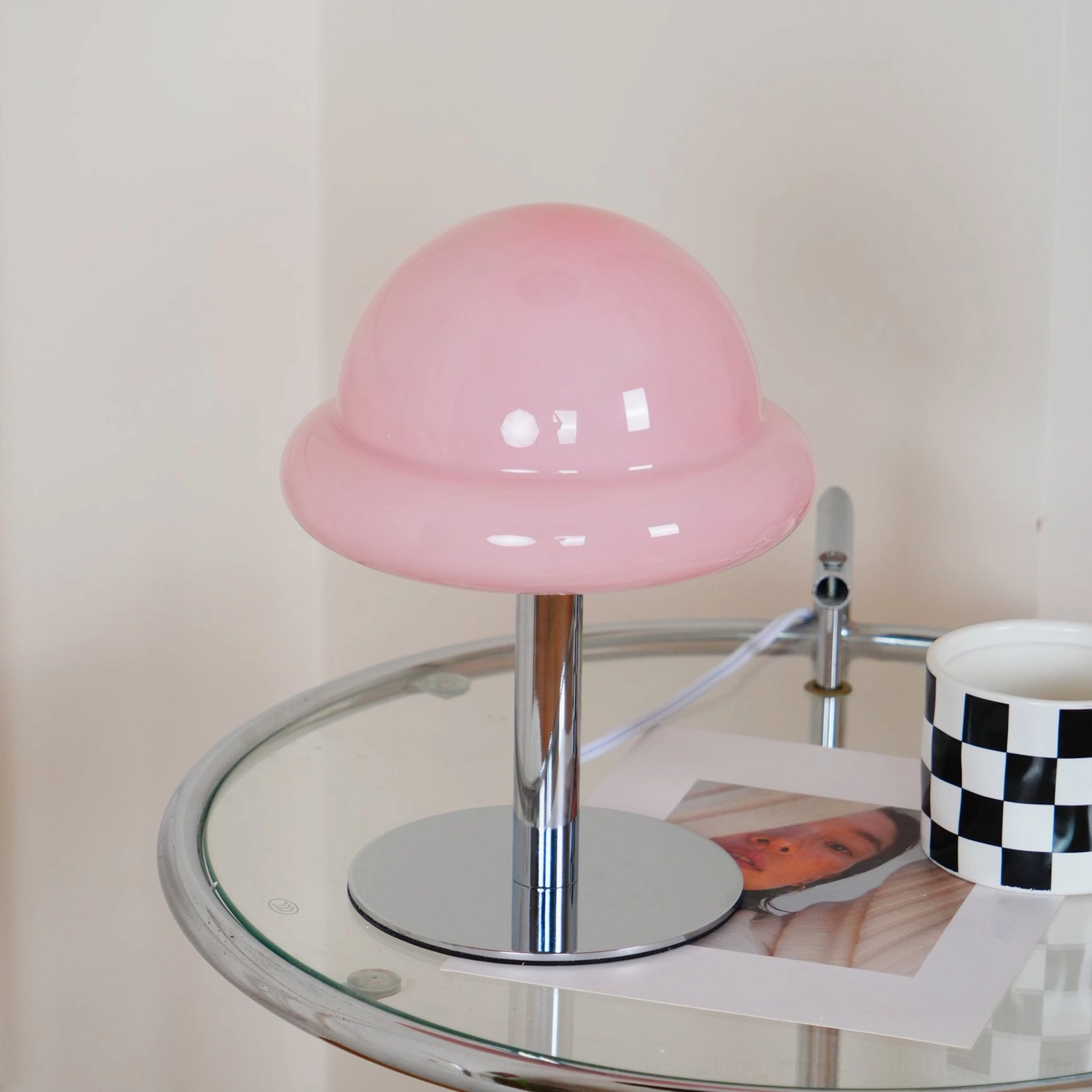 Green and chrome mushroom table lamp botanical inspired color palette mid-century design