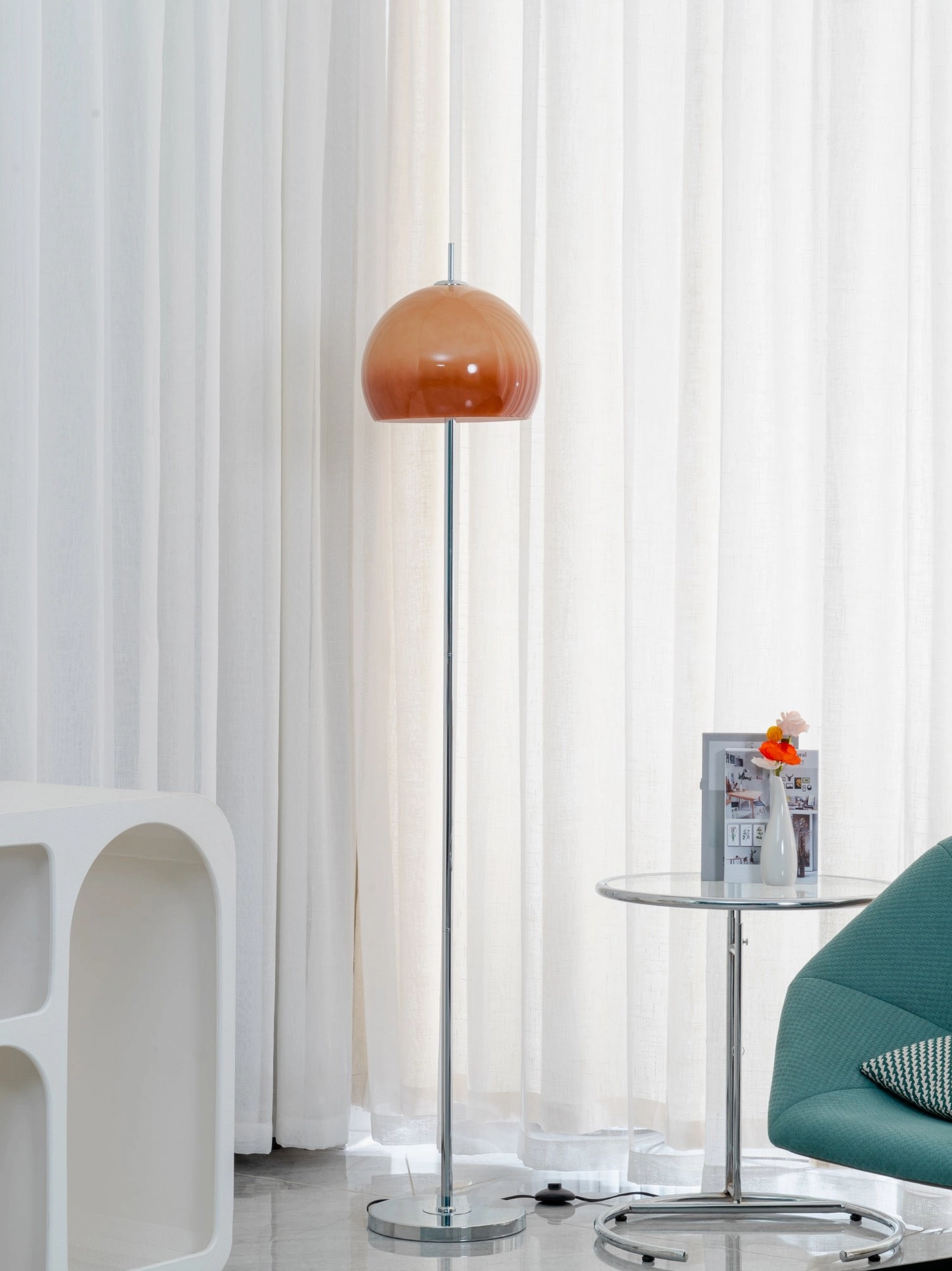Vintage mushroom lamp illuminated in residential interior creating warm ambient atmosphere