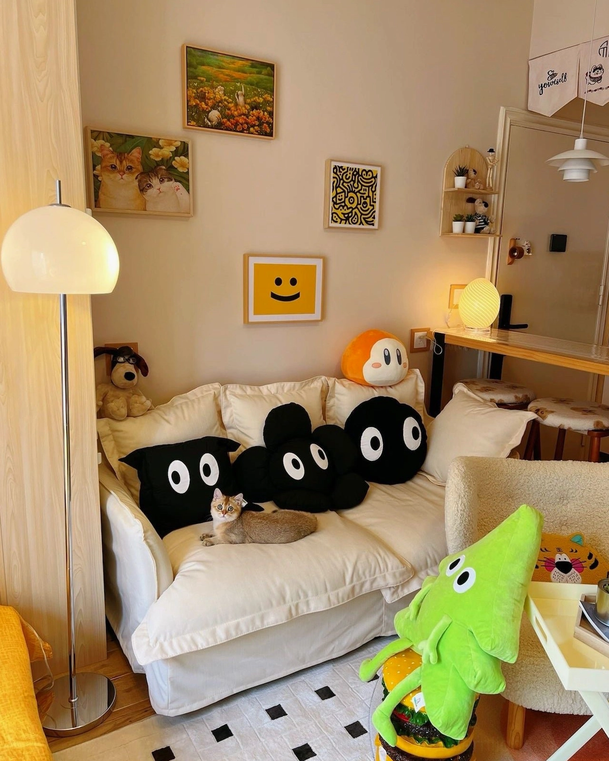 Mushroom floor lamp creating layered lighting effect in home interior design