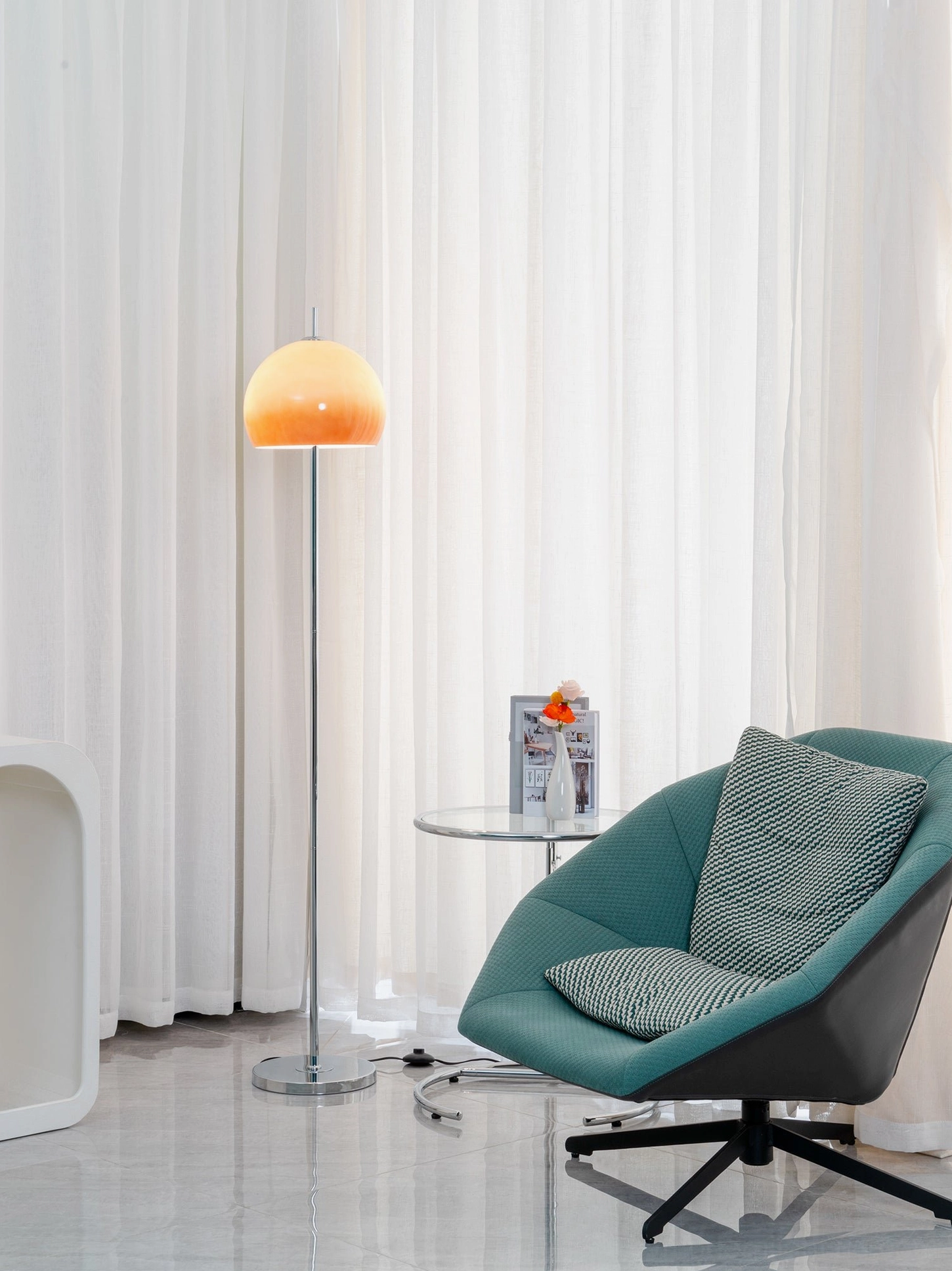 Slim mushroom floor lamp in modern office lounge with teal ergonomic chair and white sheer curtains