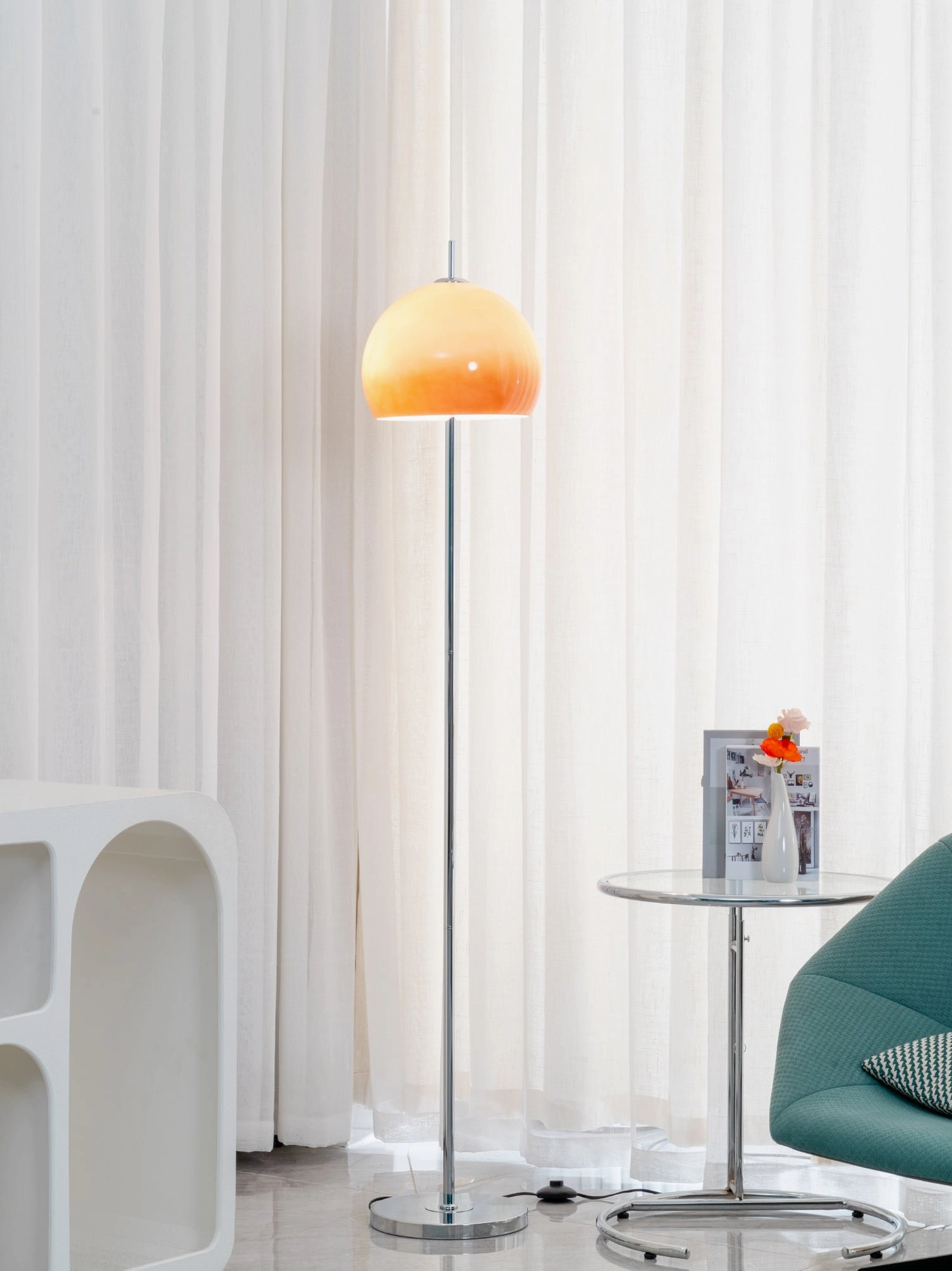 Mushroom floor lamp in bedroom reading corner creating cozy intimate lighting environment