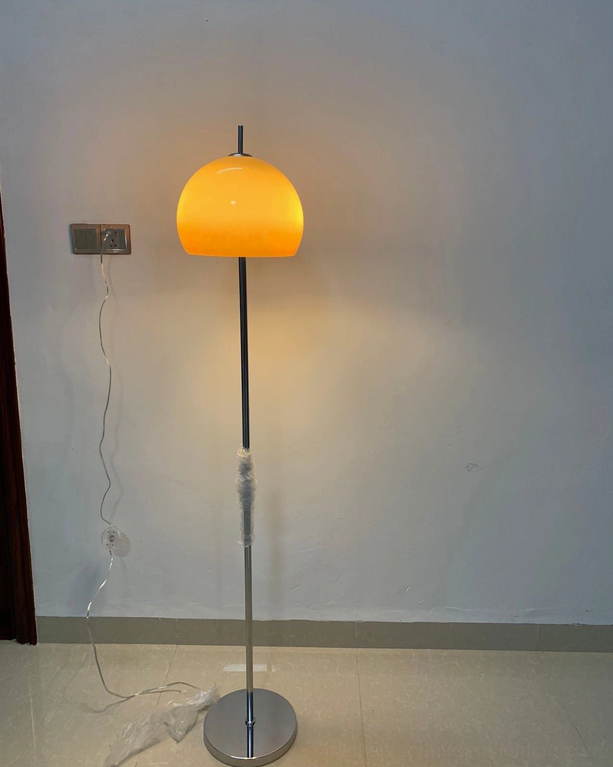 Retro mushroom lamp positioned in scandinavian minimalist interior aesthetic