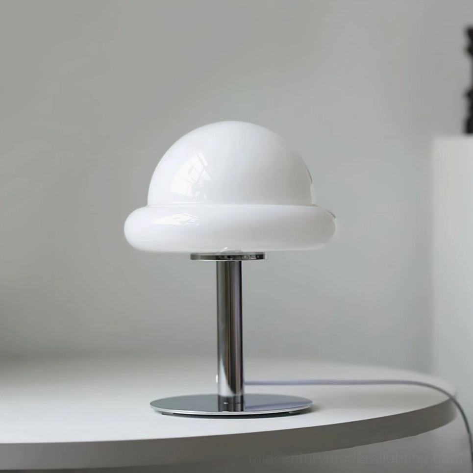 White and chrome mushroom table lamp bedroom nightstand contemporary styling