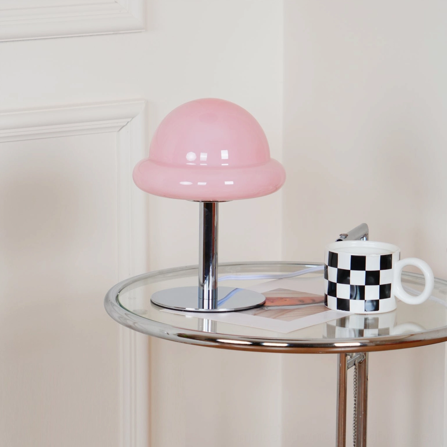 White and chrome mushroom table lamp Scandinavian minimalist interior styling