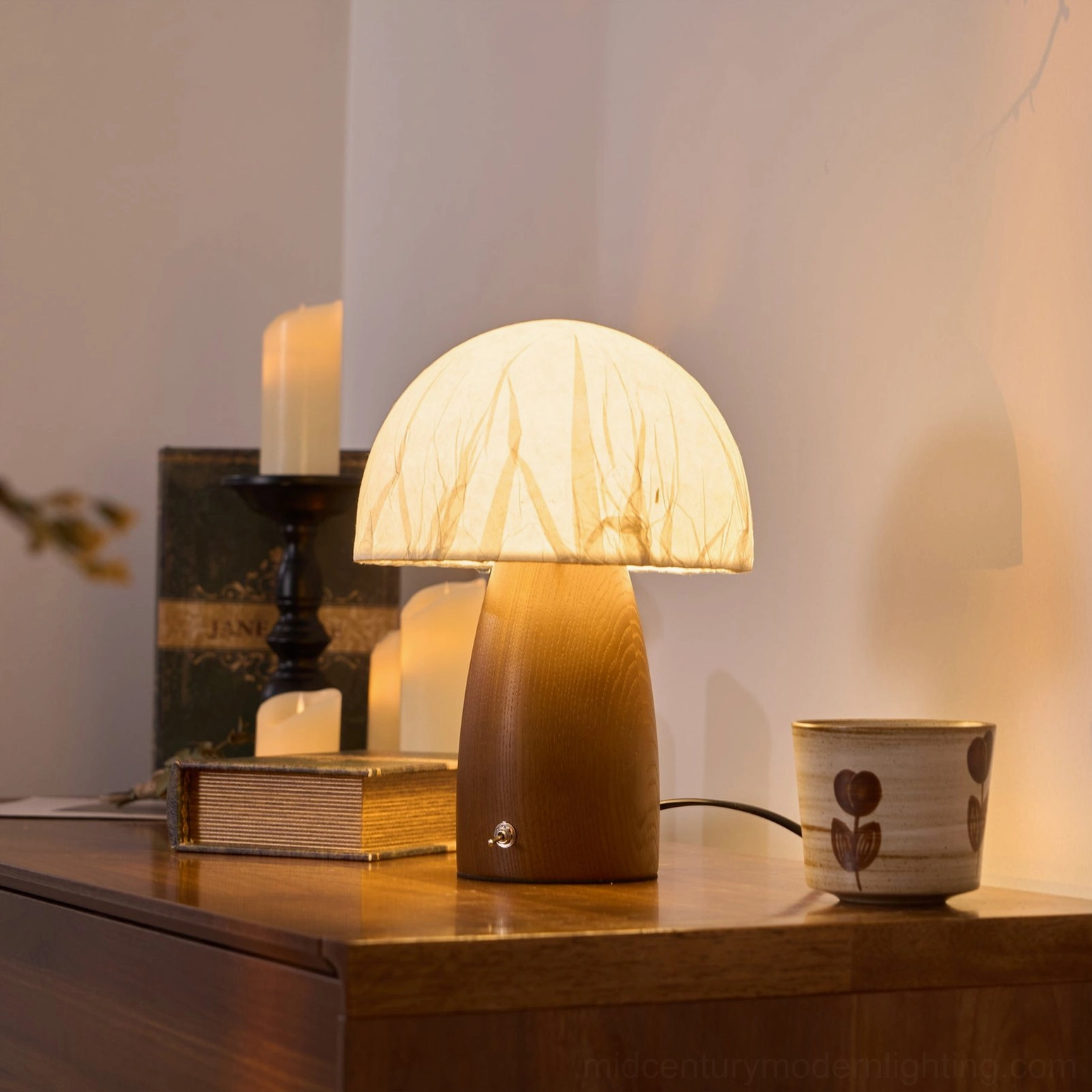 Mushroom table lamp with all available finish options walnut wood white display