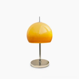 Vintage mushroom table lamp with amber gradient acrylic dome shade and chrome metal base, front studio view
