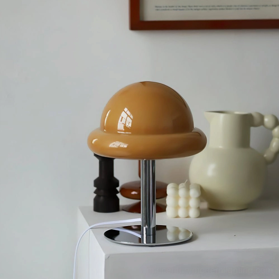 Mid-century modern mushroom table lamp in vintage color variant with chrome metal base stability