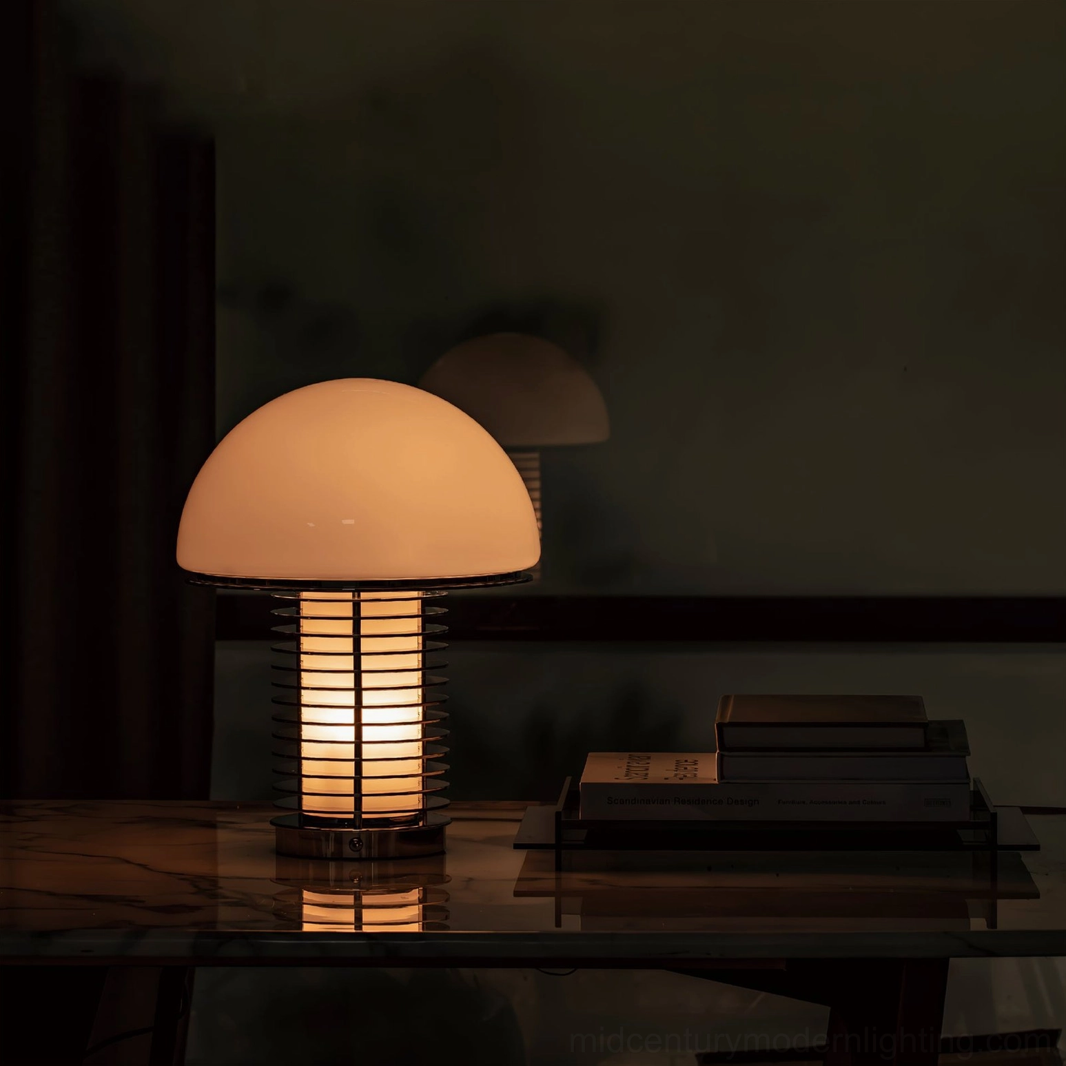 Mushroom table lamp complete assembly showing metal frame glass shade and chrome base finish