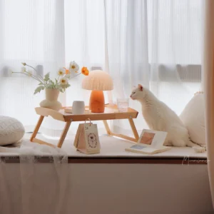 Organic mushroom lamp on cozy windowsill with white cat, botanical decor, and wooden table