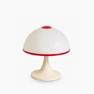 Retro mushroom table lamp with cream white and red trim, front studio view on white background