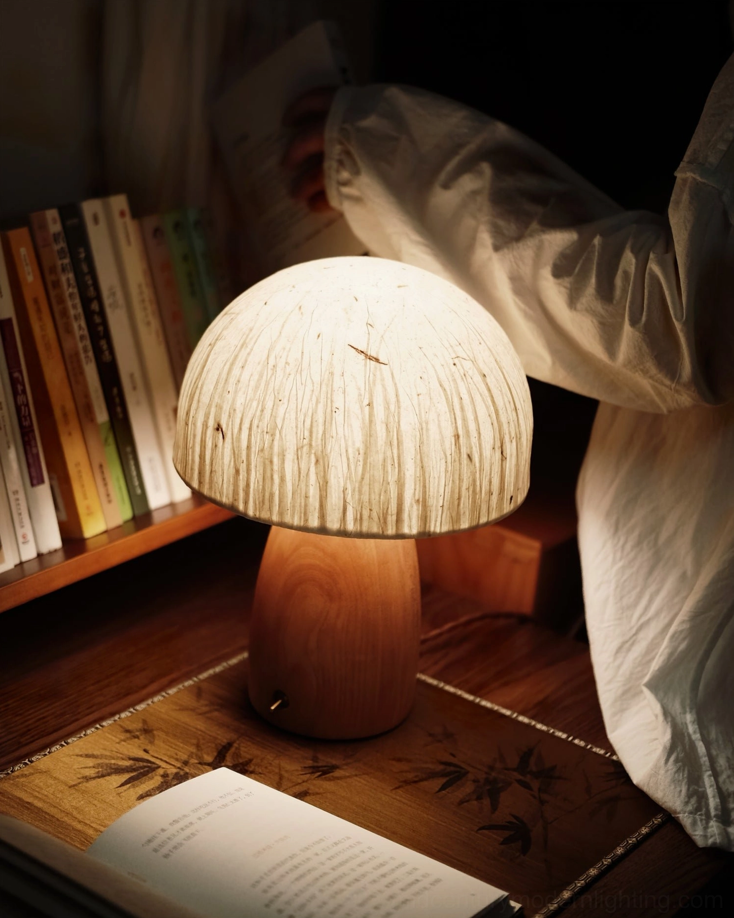 Mushroom lamp natural wood tone base in Japandi interior design setting