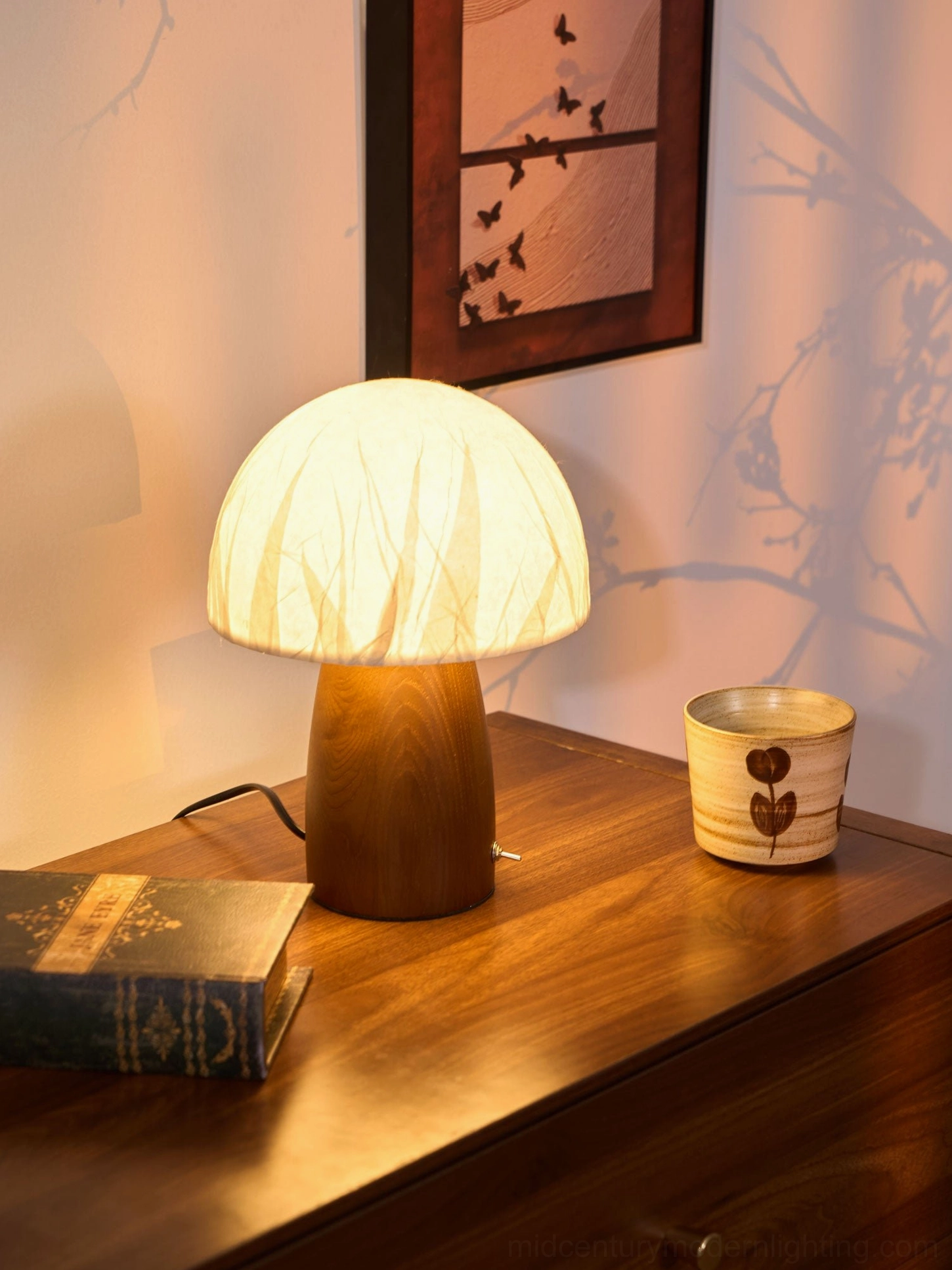 Mushroom table lamp Japanese inspired minimalist design on styled shelf display